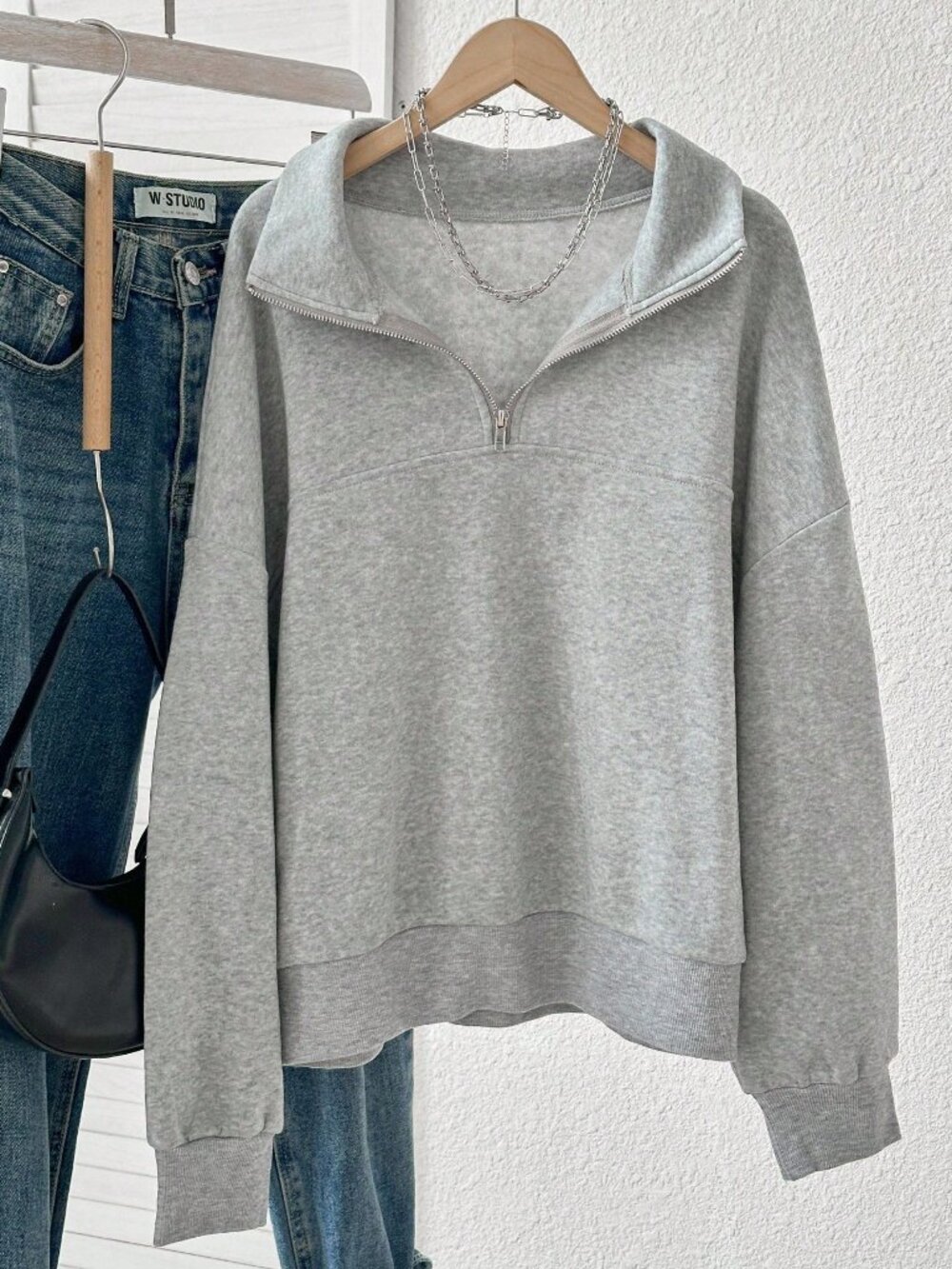 Heather Grey Half-Zip Loose-Fit Collared Sweatshirt